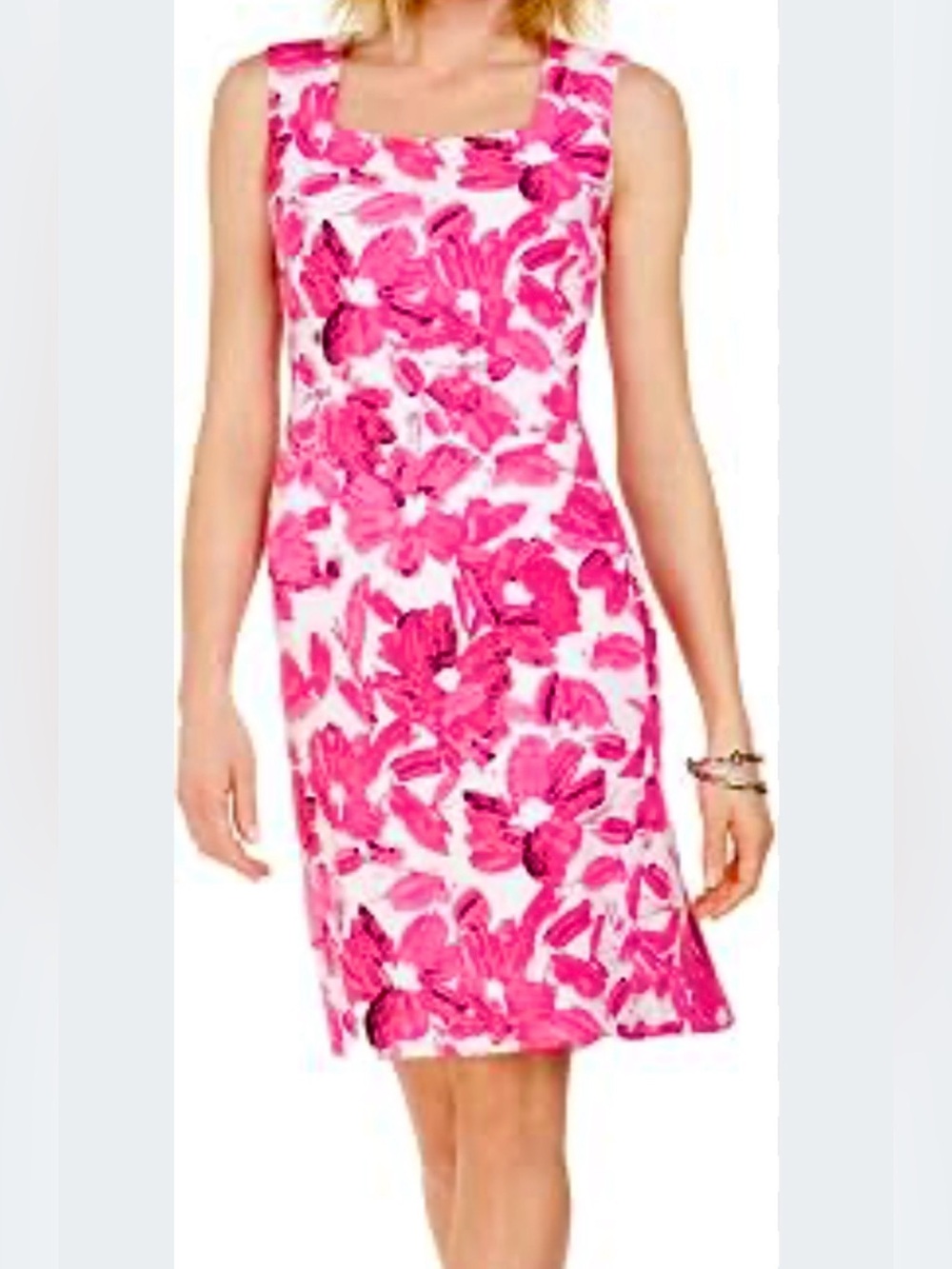 Kasper Floral Sheath Dress Size 8 Pink Magenta Sleeveless Square Neck Like New